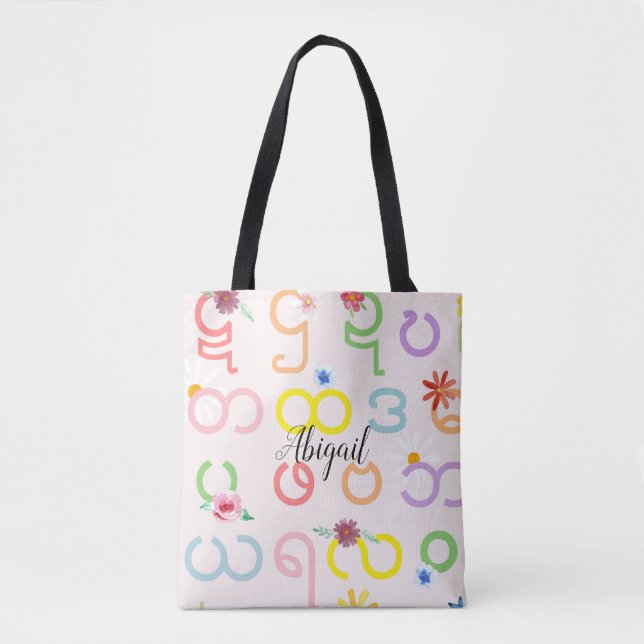 Bolsa Tote Meninas Mianmar: Flores e Nome do Alfabeto Birmanê (Frente)