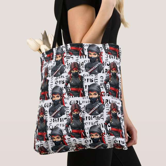 Bolsa Tote Meninas Ninja Anime Com Design De Padrão De Texto (Criador carregado)