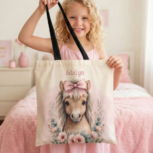 Bolsa Tote Meninas Nome Personalizado Floral Rosa Cavalo