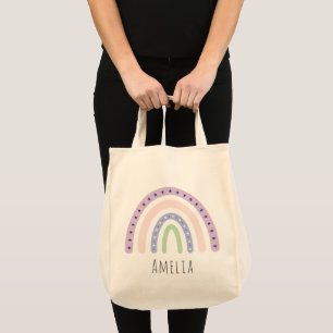 Bolsa Tote Meninas Trendy Whimsical Rainbow Cartoon Name Cria