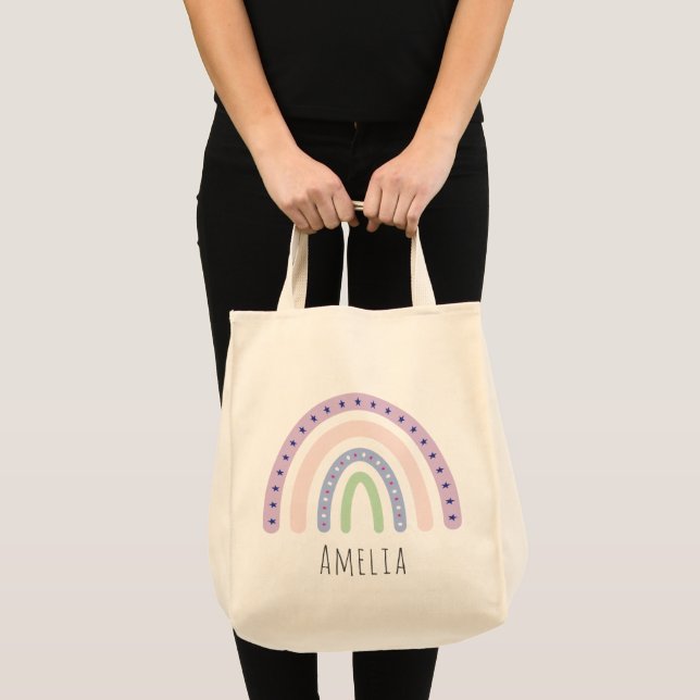 Bolsa Tote Meninas Trendy Whimsical Rainbow Cartoon Name Cria (Frente (produto))