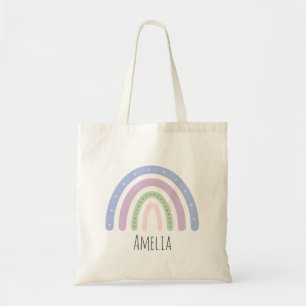 Bolsa Tote Meninas Trendy Whimsical Rainbow Cartoon Name Cria