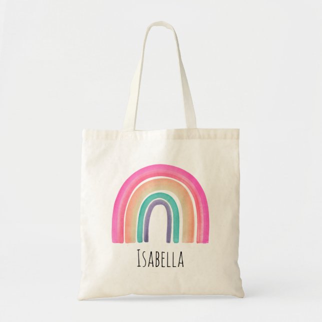 Bolsa Tote Meninas Trendy Whimsical Rainbow Cartoon Name Cria (Frente)