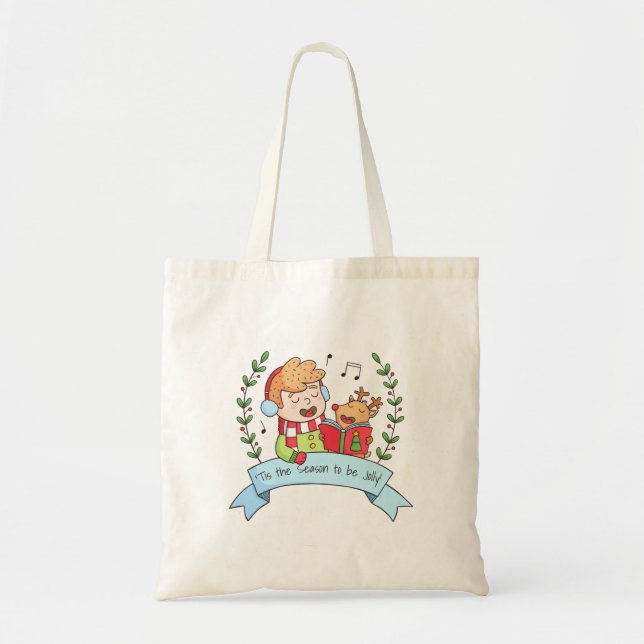 Bolsa Tote Menino Fofo do Canto de Natal e Renas Rabiscadas (Frente)