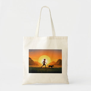 Bolsa Tote Menino jovem com cachorro no pôr do sol