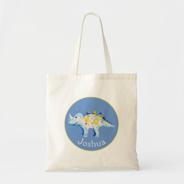 Bolsa Tote Meninos Blue Watercolor Dinossaur e Kids (Frente)