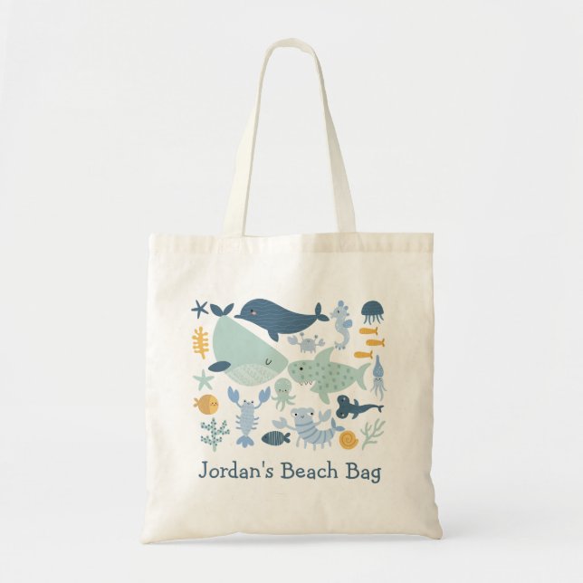 Bolsa Tote Meninos Cachorros Blue Green Sea Creatures Beach T (Frente)