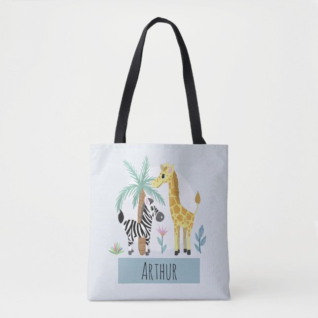 Bolsa Tote Meninos Cute Safari Animais Girafa e Crianças (Frente)