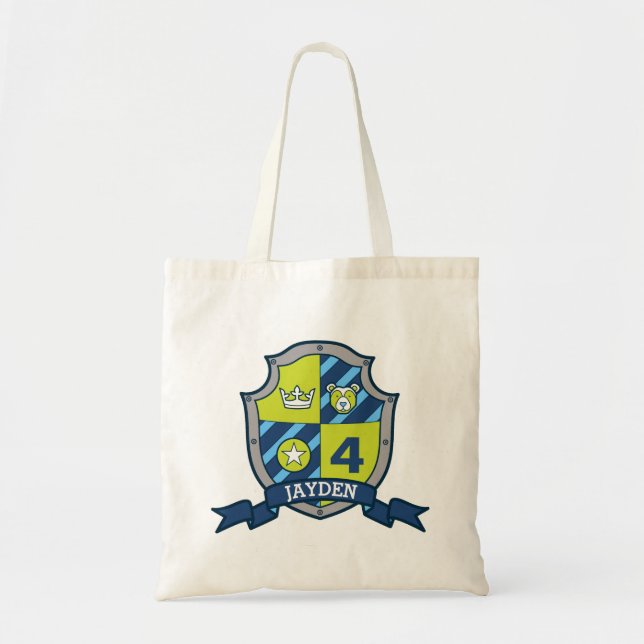 Bolsa Tote Meninos, escudo de cavaleiro, nome com azul verde (Frente)