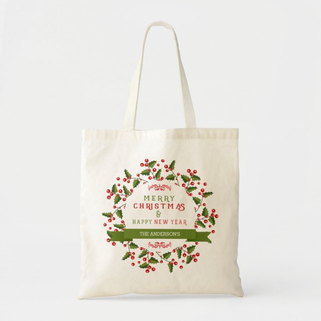 Bolsa Tote Mensagem de Natal feliz e design de wreath (Frente)
