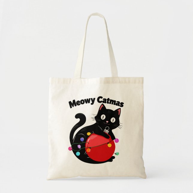 Bolsa Tote Meowy Catmas - Gato com enfeite de Natal (Frente)