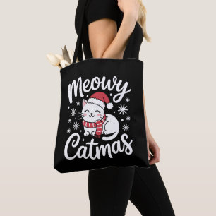 Bolsa Tote Meowy Catmas Natal Gato Papai Noel Chapéu Cachecol