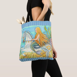 BOLSA TOTE MERMAID & SEA STALLION, WHIMSICAL FANTASY UNICORN