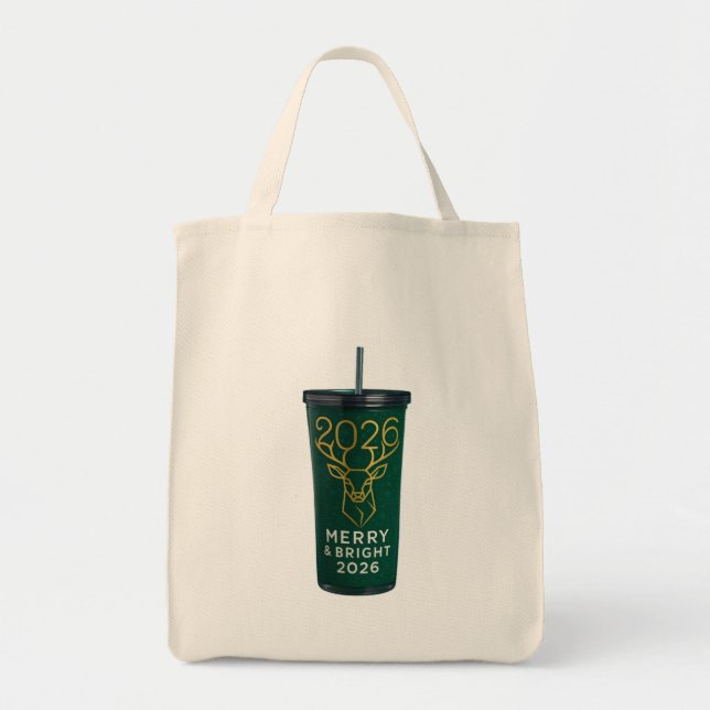 Bolsa Tote Merry & Bright 2026 Geometric Reindeer Acrylic Tra (Frente)