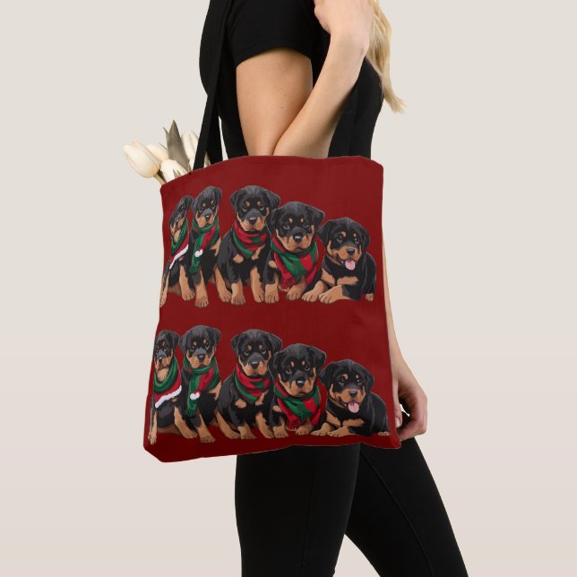 Bolsa Tote Merry Chrismutts Rottweiler Puppies Wearing Scarf (Close Up)