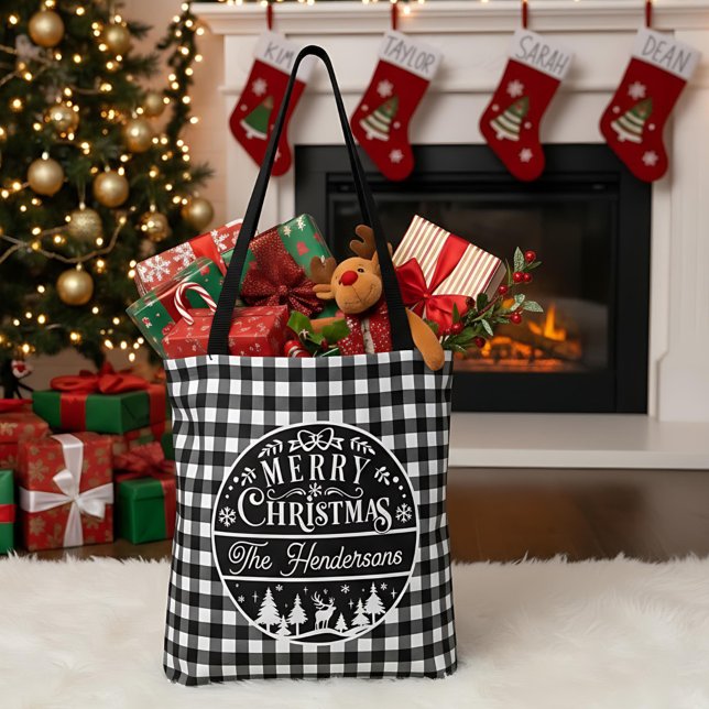 Bolsa Tote Merry Christmas Black & White Buffalo Plaid Custom (Criador carregado)