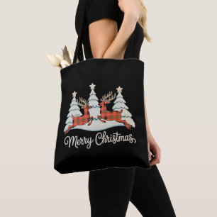 Bolsa Tote Merry Christmas Buffalo Xadrez Reindeer Xmas Tree