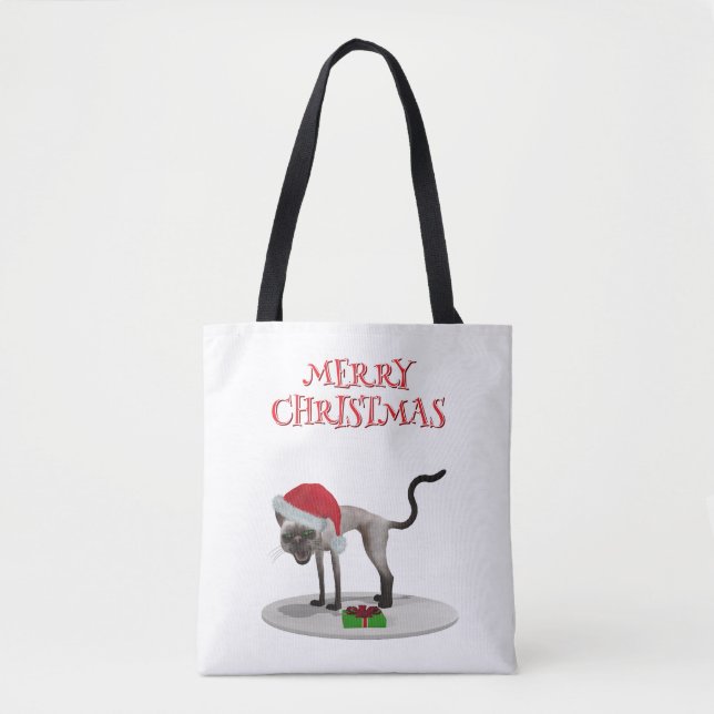 Bolsa Tote Merry Christmas. Cat with Santa hat (Frente)