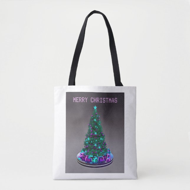 Bolsa Tote Merry Christmas. Decorated tree with gifts (Frente)
