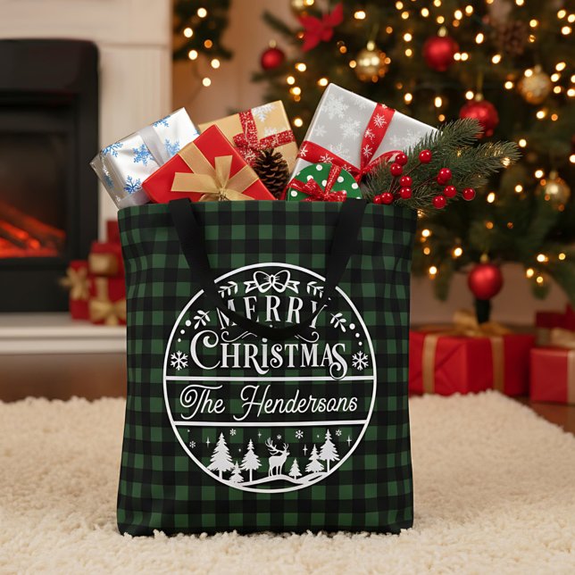 Bolsa Tote Merry Christmas Green & Black Buffalo Plaid Custom (Criador carregado)