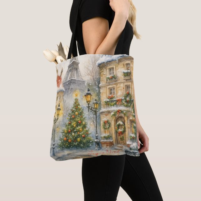 Bolsa Tote Merry Christmas in Paris Watercolor Eiffel Tower  (Close Up)