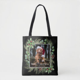 Bolsa Tote Merry Christmas Pet Photo Wreath Greenery