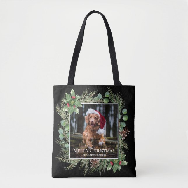 Bolsa Tote Merry Christmas Pet Photo Wreath Greenery  (Frente)