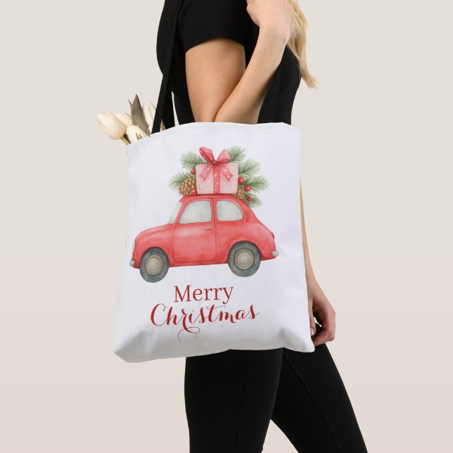 Bolsa Tote Merry Christmas Red Car – Personalized Holiday  (Close Up)