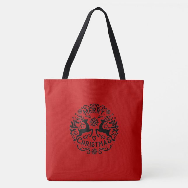 Bolsa Tote Merry Christmas Reindeer, Red Black (Frente)