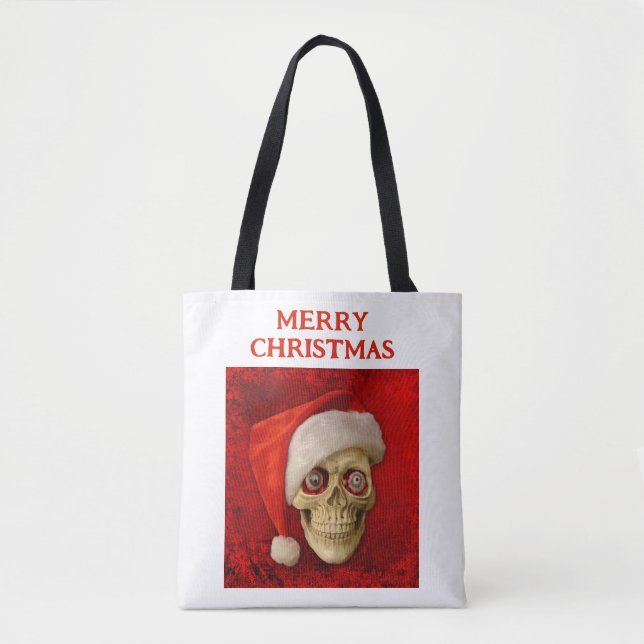 Bolsa Tote Merry Christmas. Skull wearing Santa hat (Frente)