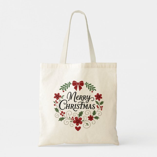 Bolsa Tote Merry Christmas Wreath Budget Tote Bag (Verso)
