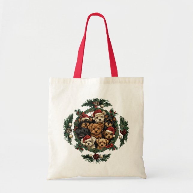 Bolsa Tote Merry Christmas Yorkshire Terrier Dogs (Frente)