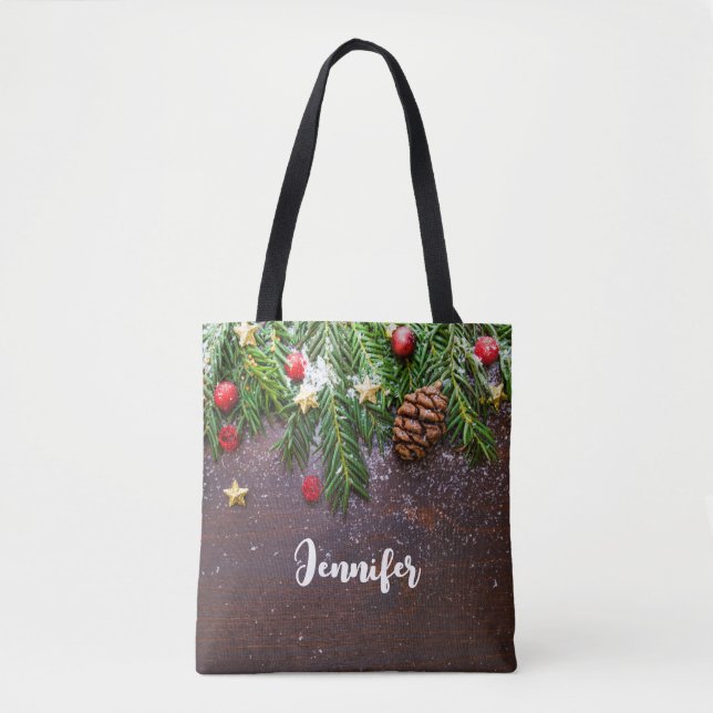 Bolsa Tote Mesa de Natal Rústica com Pinheiro e Neve (Frente)