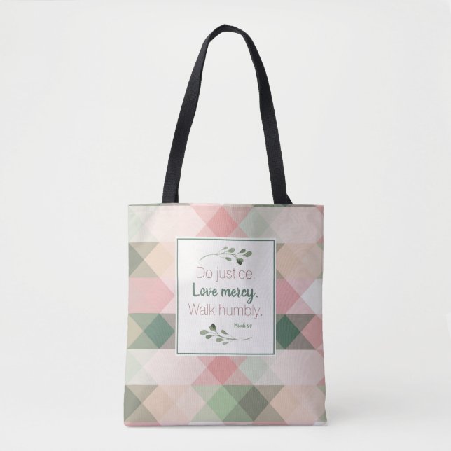 Bolsa Tote Micah 6:8 Diamante Rosa e Verde Geométrico (Frente)