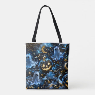 Bolsa Tote Midnight Blue Gold Ghosts & Pumpkins Halloween Tot