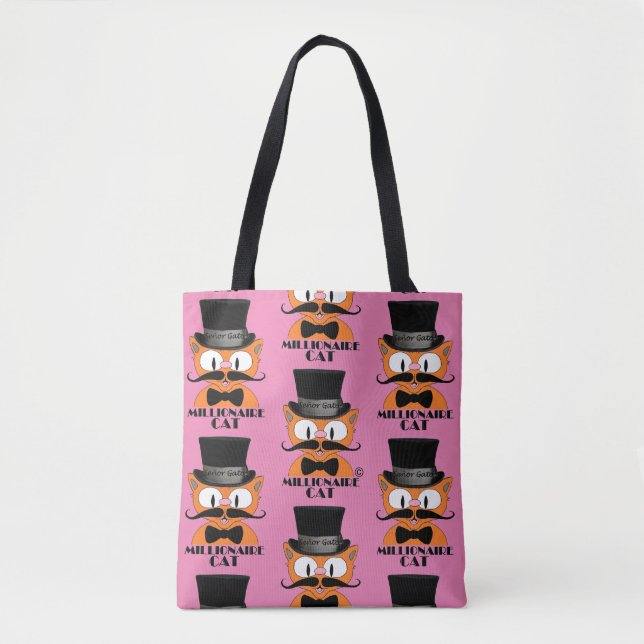 Bolsa Tote MILLIONAIRE CAT Cartoon Mustache Gato Rosa Gato (Frente)