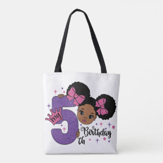 Bolsa Tote Minha 5 Birthday Black Girl Glitter Princess Desig