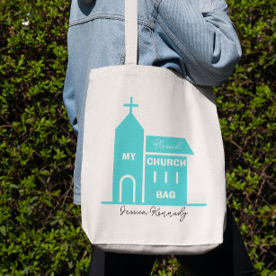 Bolsa Tote Minha abençoada Igreja Bag Azul Nome Personalizado