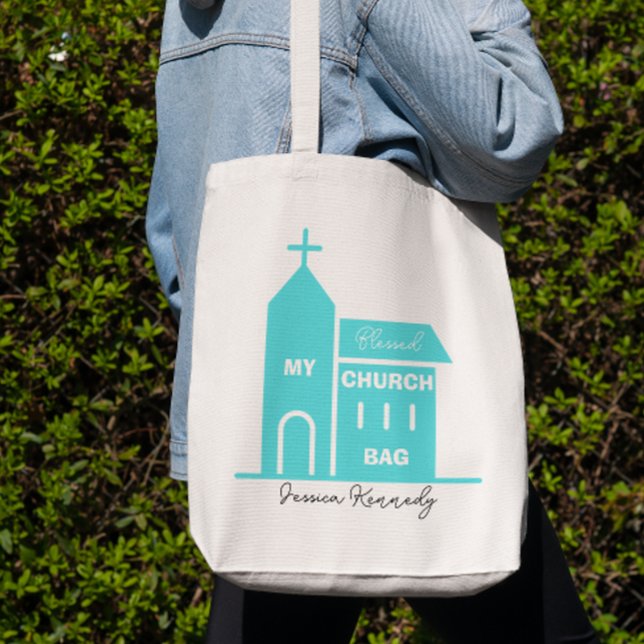 Bolsa Tote Minha abençoada Igreja Bag Azul Nome Personalizado (Criador carregado)