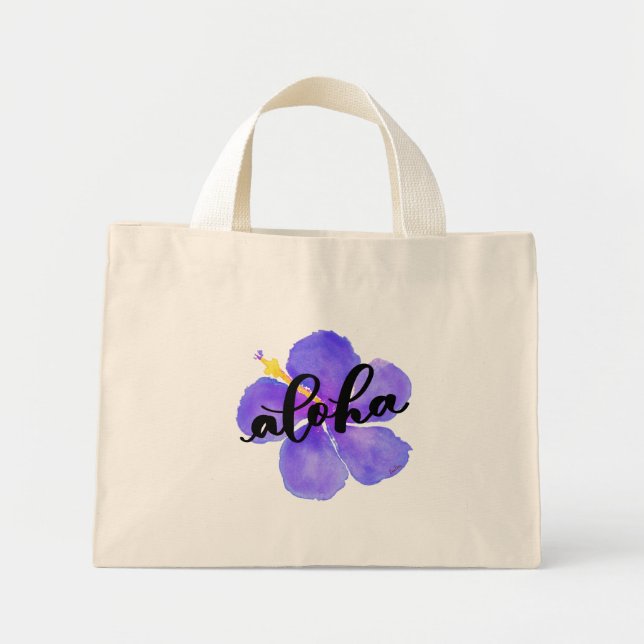 Bolsa Tote Mini Aloha Tote Bag com Flor de Hibiscus Roxo (Frente)