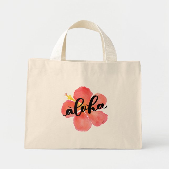 Bolsa Tote Mini Aloha Tote Bag com Flor Red Hibiscus (Frente)