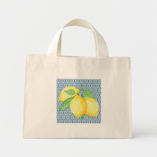 Bolsa Tote Mini Amarelo Limão-de-água Azulejo azul-mediterrânico (Frente)