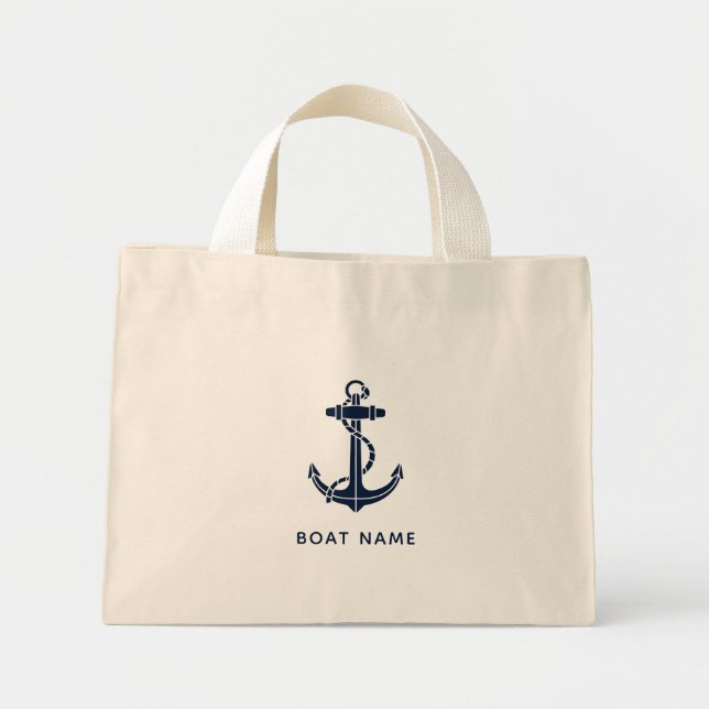 Bolsa Tote Mini Âncora de Navio Azul Náutico Nome do Barco Persona (Frente)