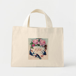 Bolsa Tote Mini andorinhas e rosas em ciano