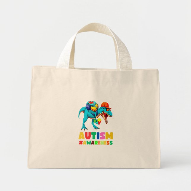 Bolsa Tote Mini Autismo Sensibilização Dinossauro T-Rex Para Menin (Frente)