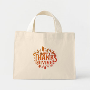 Bolsa Tote Mini Belo Texto Feliz Ação de Graças com Folhas no o