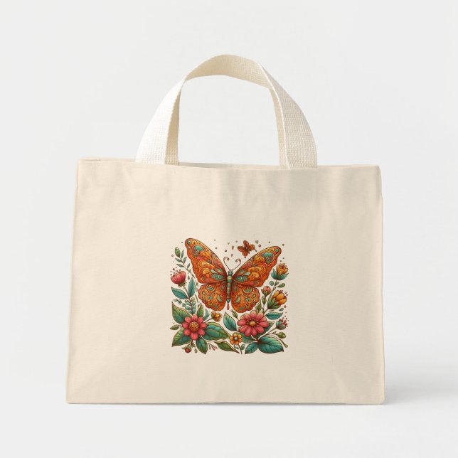 Bolsa Tote Mini Borboleta laranja com flores (Frente)