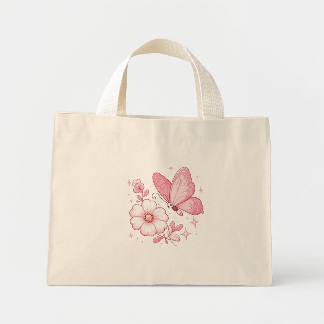 Bolsa Tote Mini Borboleta rosa e flores (Frente)