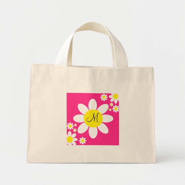 Bolsa Tote Mini Cute Pink and White Daisies Floral Single Initial (Frente)