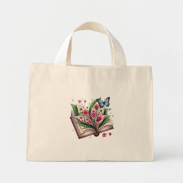 Bolsa Tote Mini Desenho de Livro Aberto e Blossom com borboleta